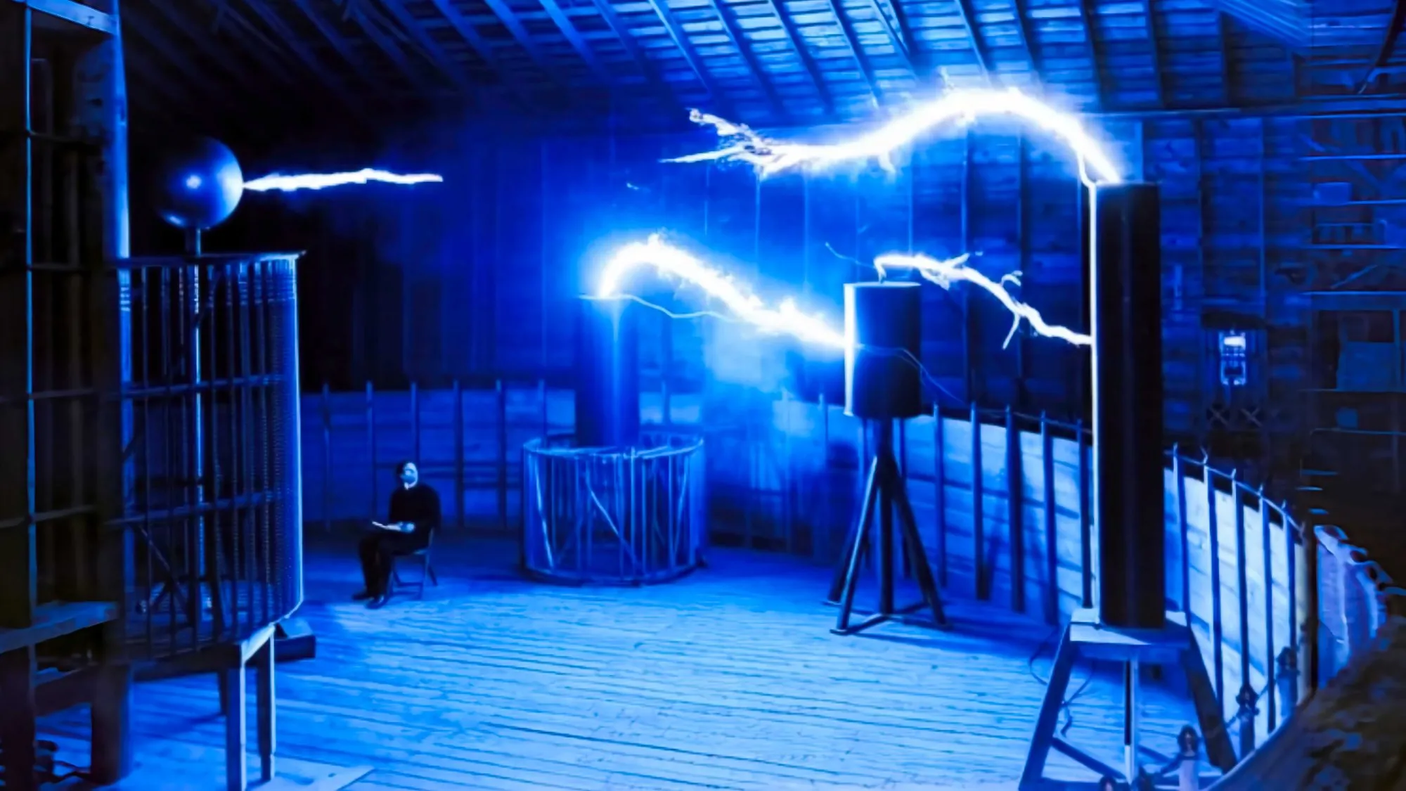 Tesla coil electrical discharge in laboratory, recreation of Nikola Tesla's Colorado Springs experiments